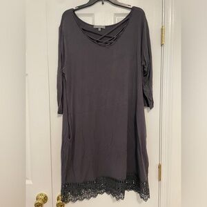 Gray Simply Southern Dress WITH POCKETS. Lace hem and criss cross neck